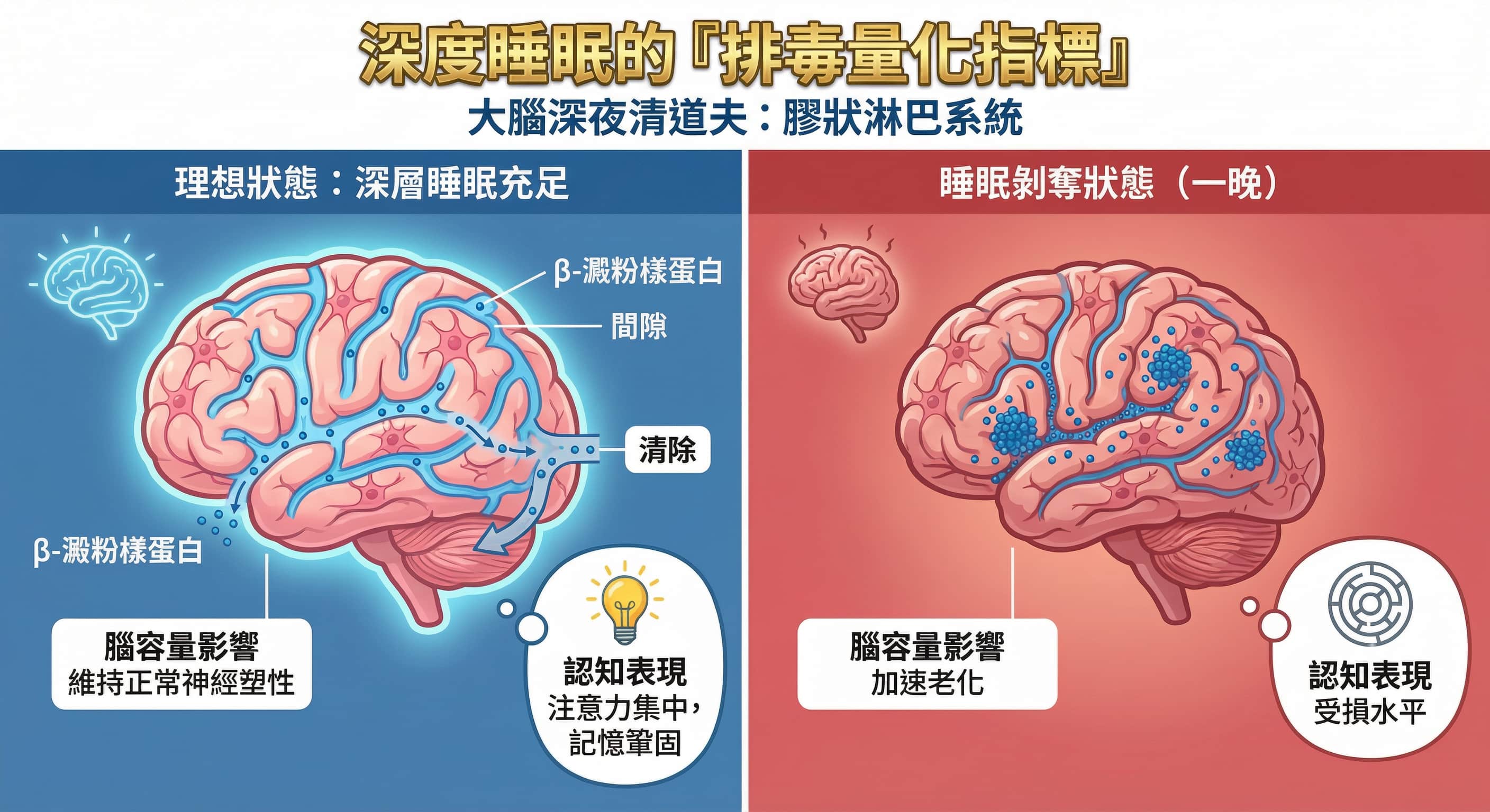 深層睡眠與腦部清除機制的示意比較圖,以不同箭頭及圖案呈現